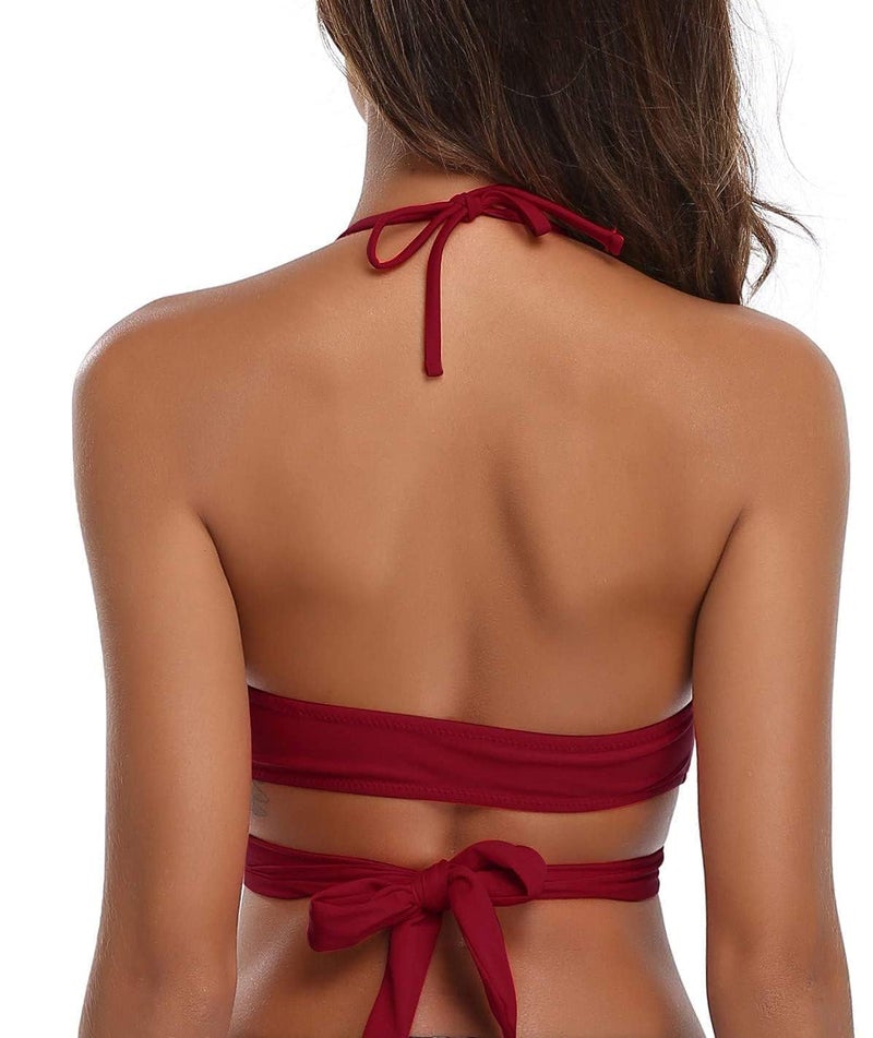 SHEKINI Womens Bathing Suits Push Up Halter Bandage Bikini Tops Floral Printing Swimsuit (Wine Red - Top, Large) - Image 2